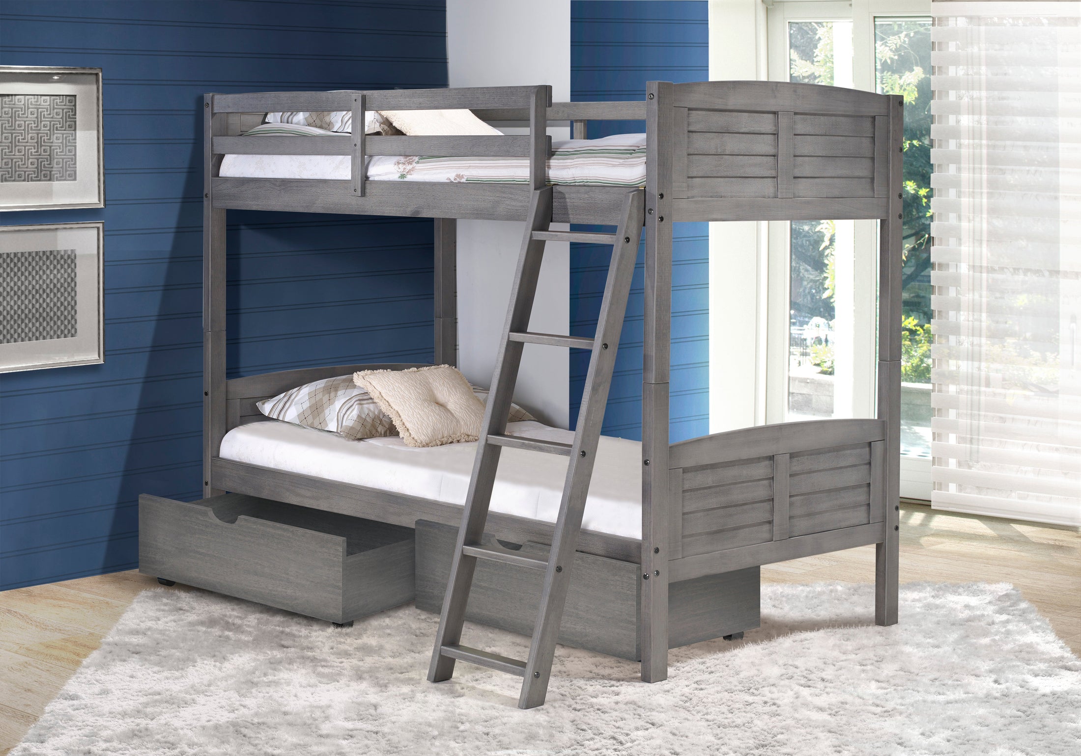 Louver Twin over Twin Bunkbed with Dual Underbed Drawers