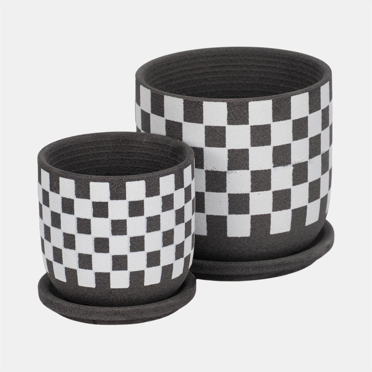 S/2 5/6" Checkerboard Saucer Planters, Black/white