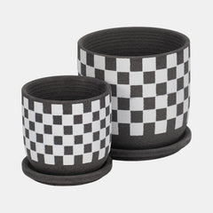 S/2 5/6" Checkerboard Saucer Planters, Black/white