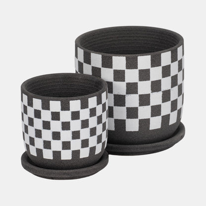 S/2 5/6" Checkerboard Saucer Planters, Black/white