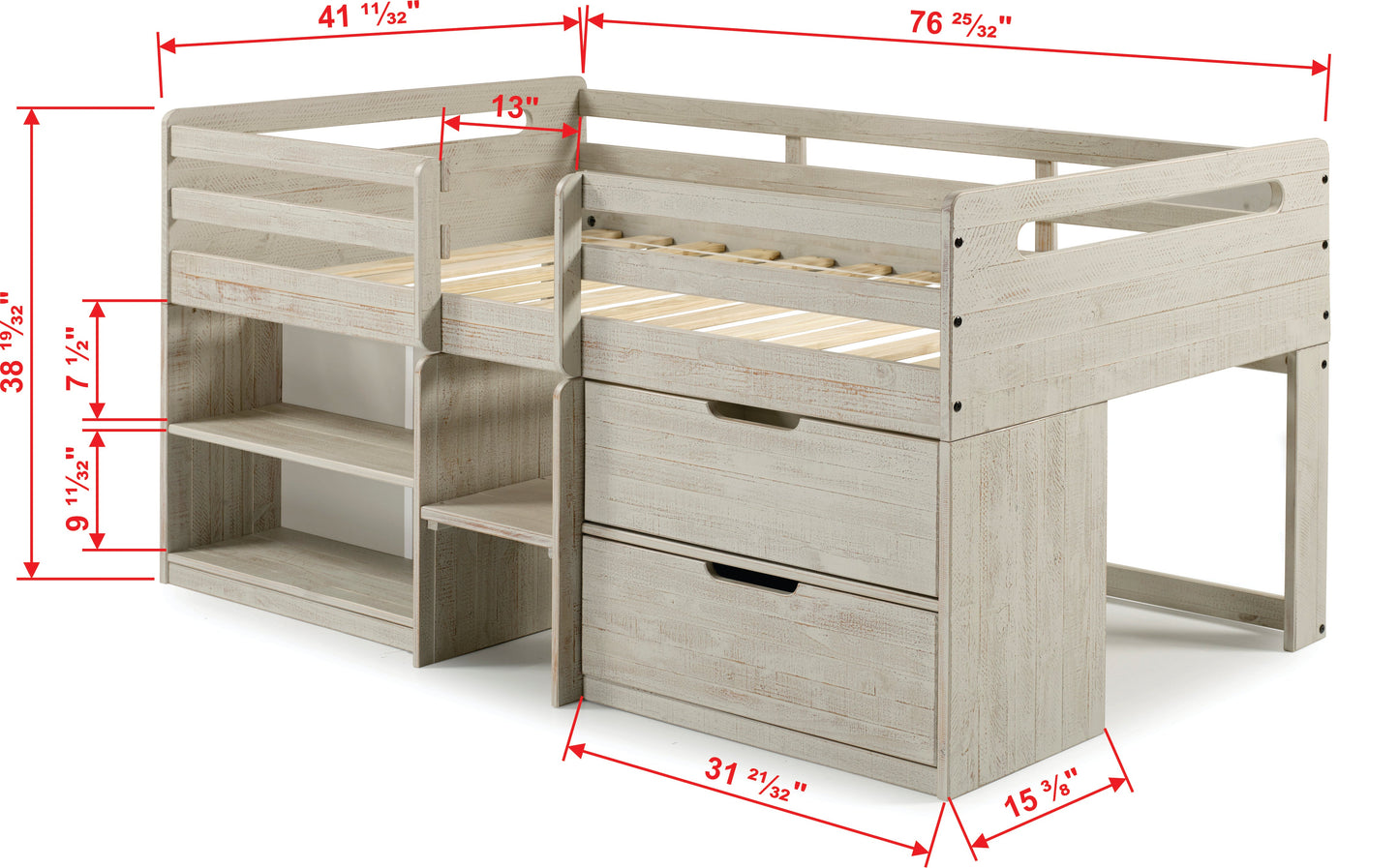 Handles Light Grey Rustic Low Loft Bed