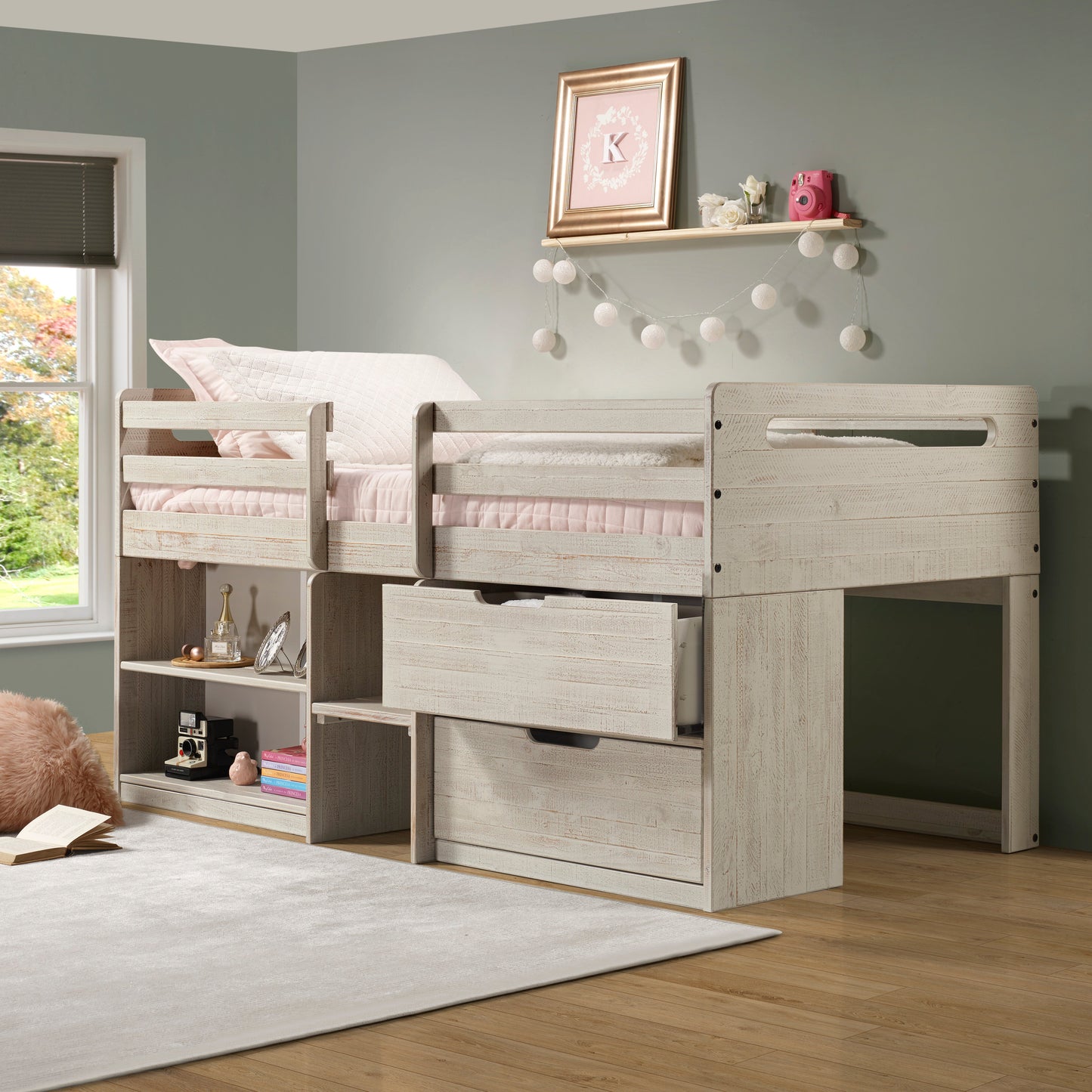 Handles Light Grey Rustic Low Loft Bed