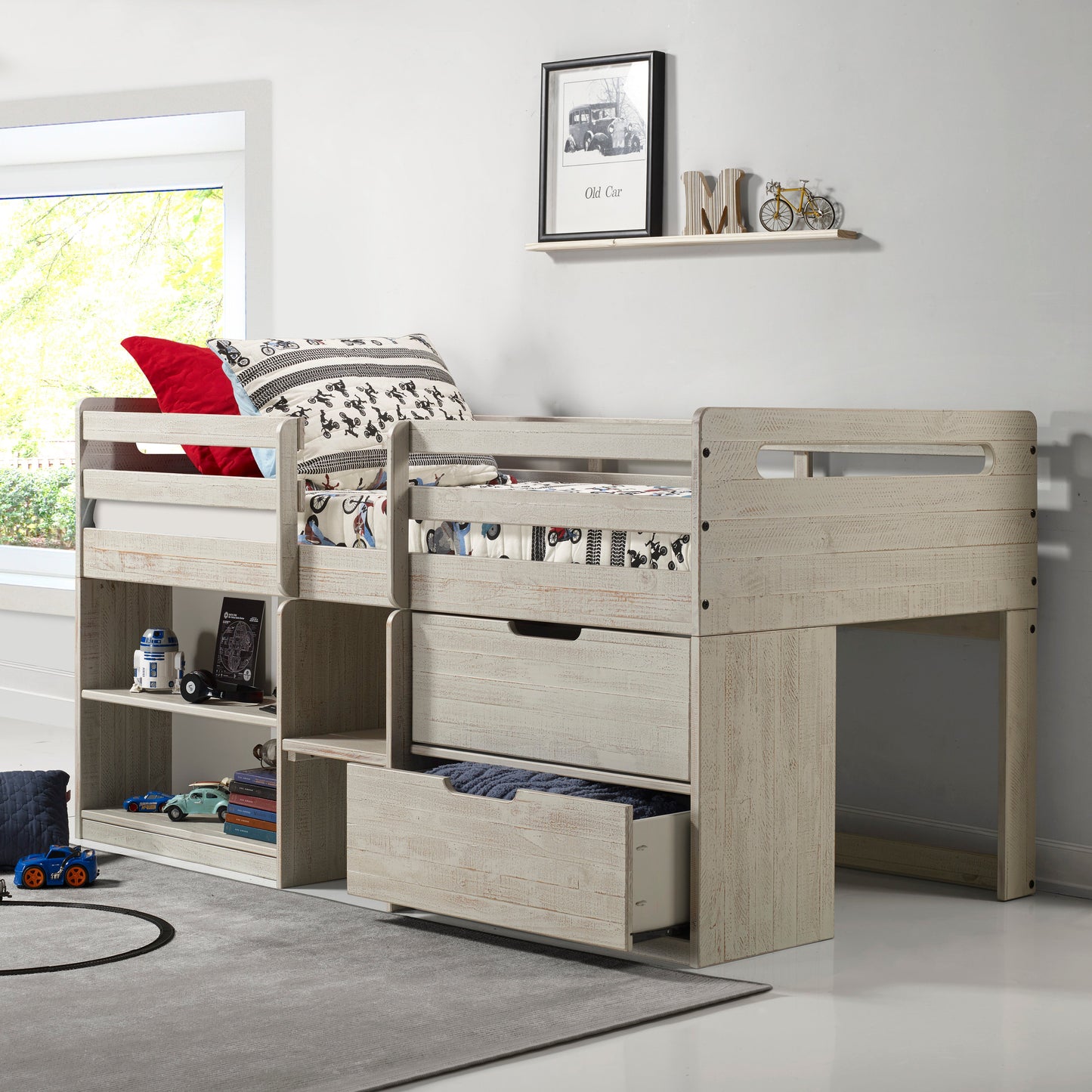 Handles Light Grey Rustic Low Loft Bed