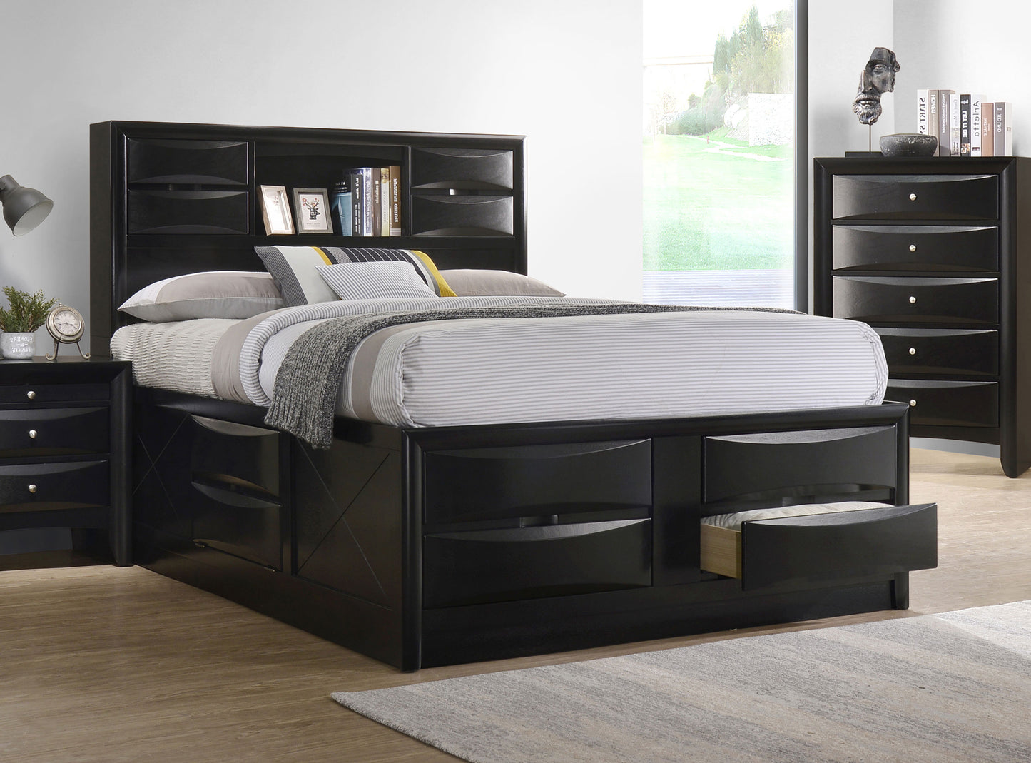Cama con librería y almacenaje Briana Wood California King, color negro