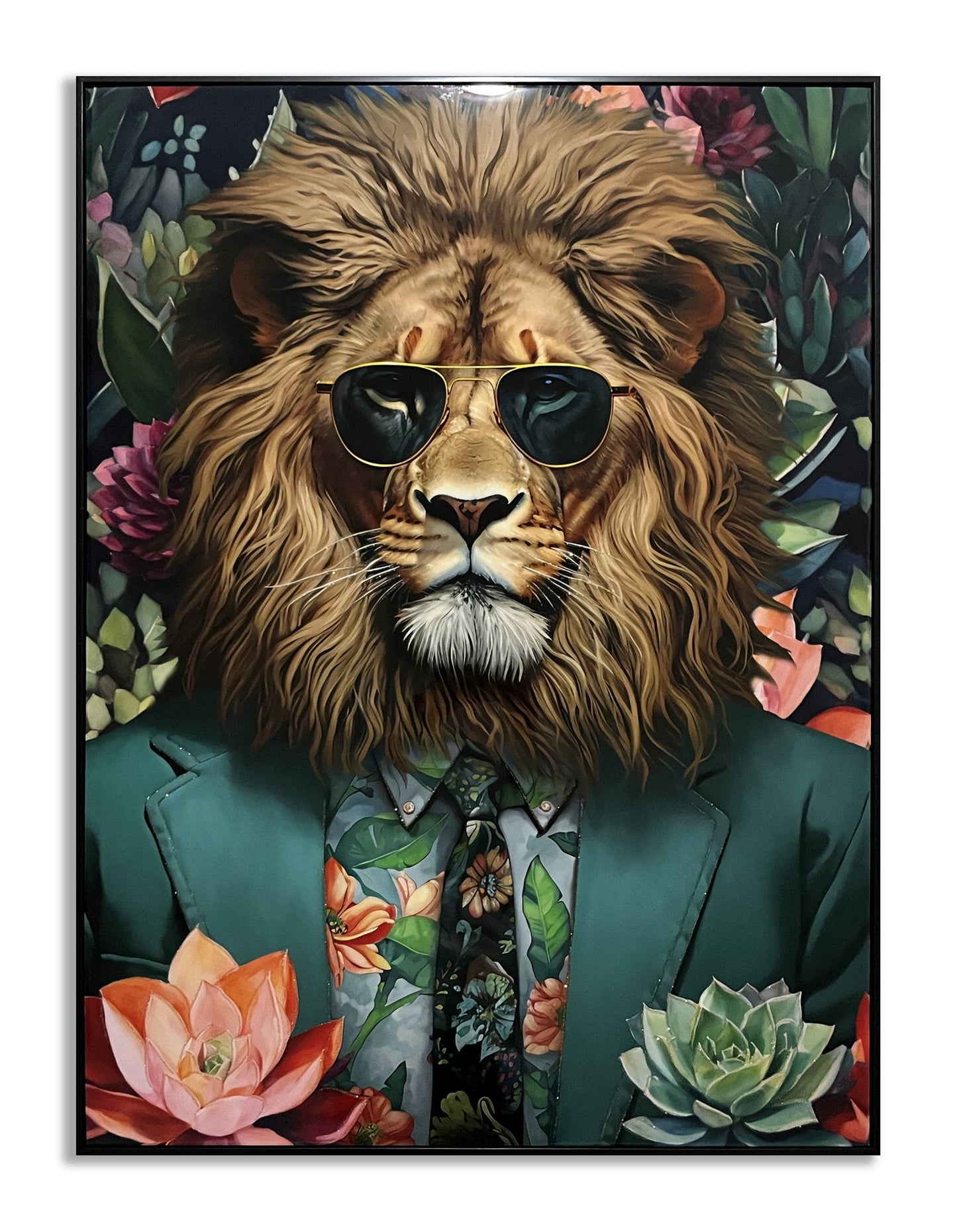 ''Lion in Green Suit'' Gloss Canvas w/ Rocks in Frame