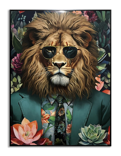 ''Lion in Green Suit'' Gloss Canvas w/ Rocks in Frame