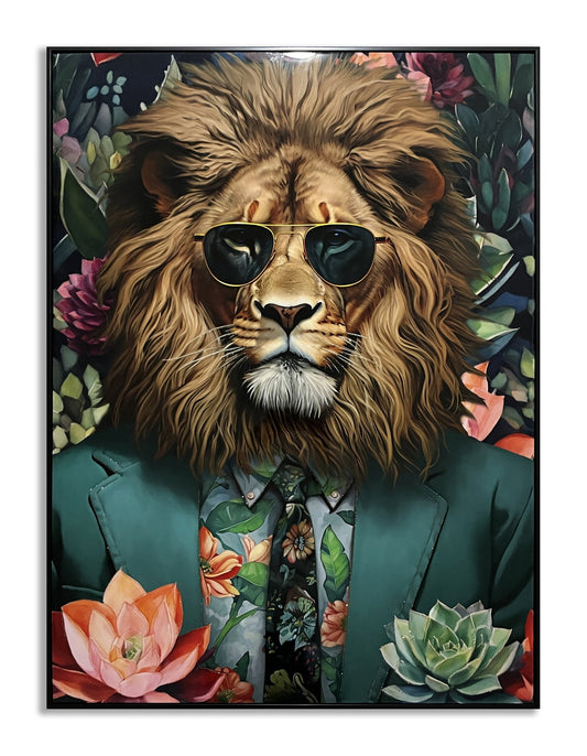 ''Lion in Green Suit'' Gloss Canvas w/ Rocks in Frame