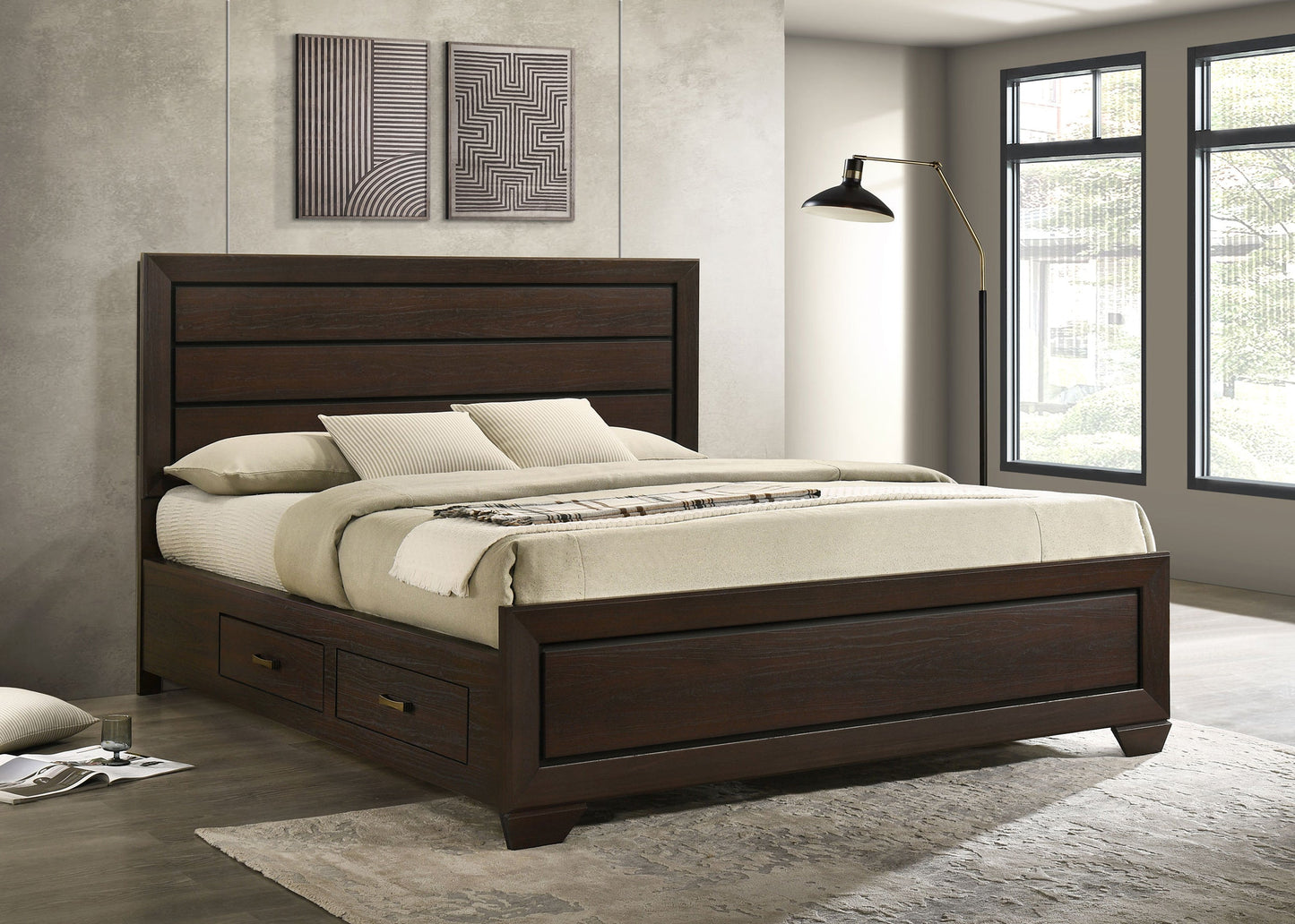 Cama con paneles de madera Kauffman color cacao oscuro