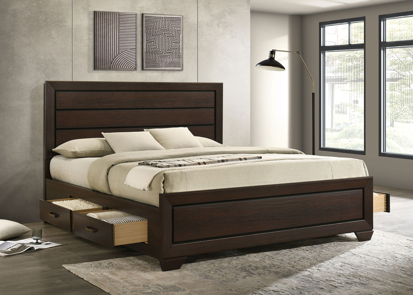 Cama con paneles de madera Kauffman color cacao oscuro