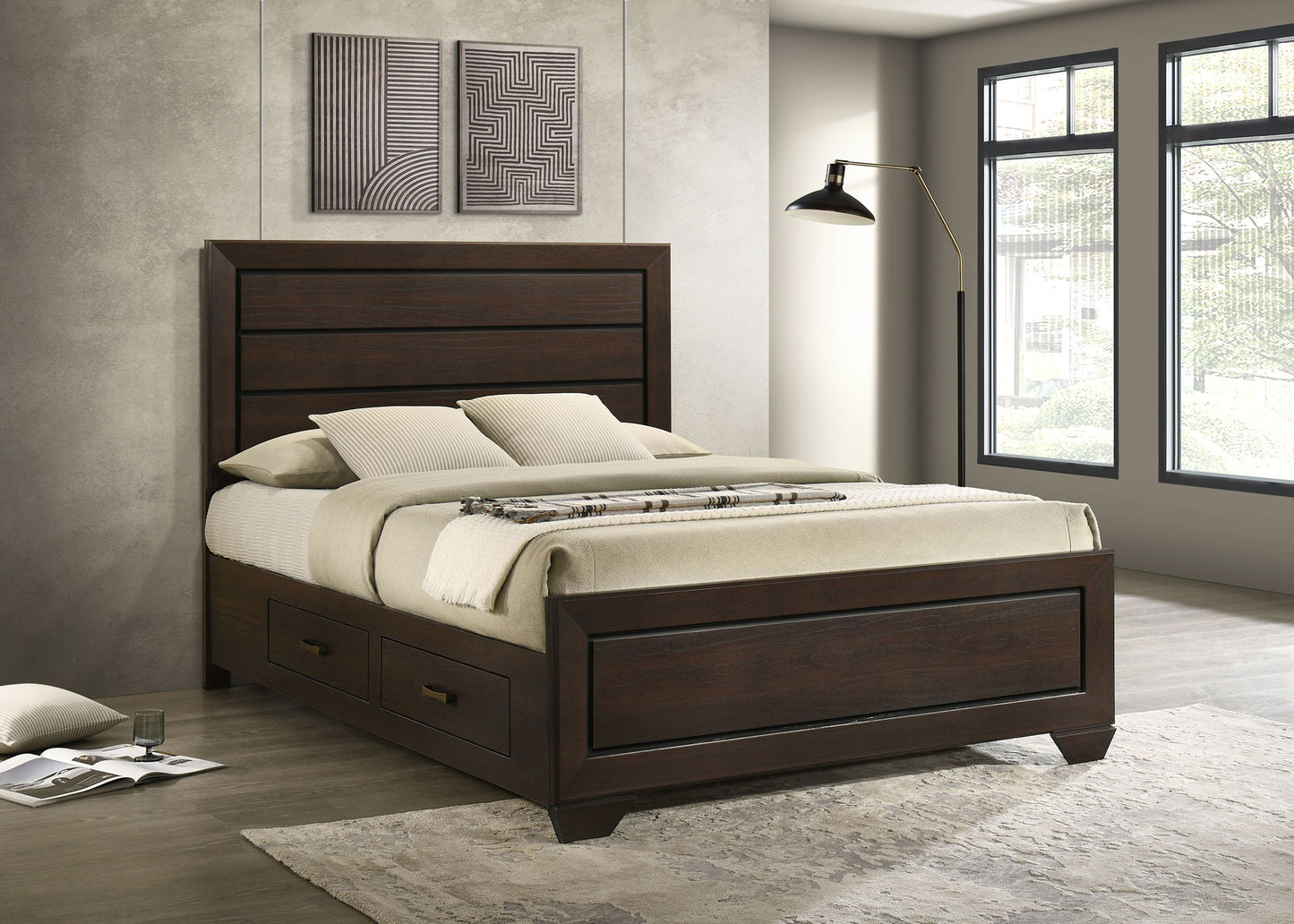 Cama con paneles de madera Kauffman color cacao oscuro