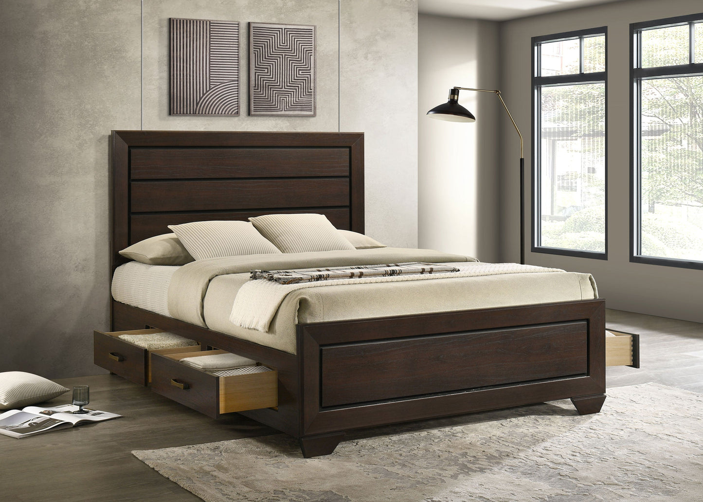 Cama con paneles de madera Kauffman color cacao oscuro