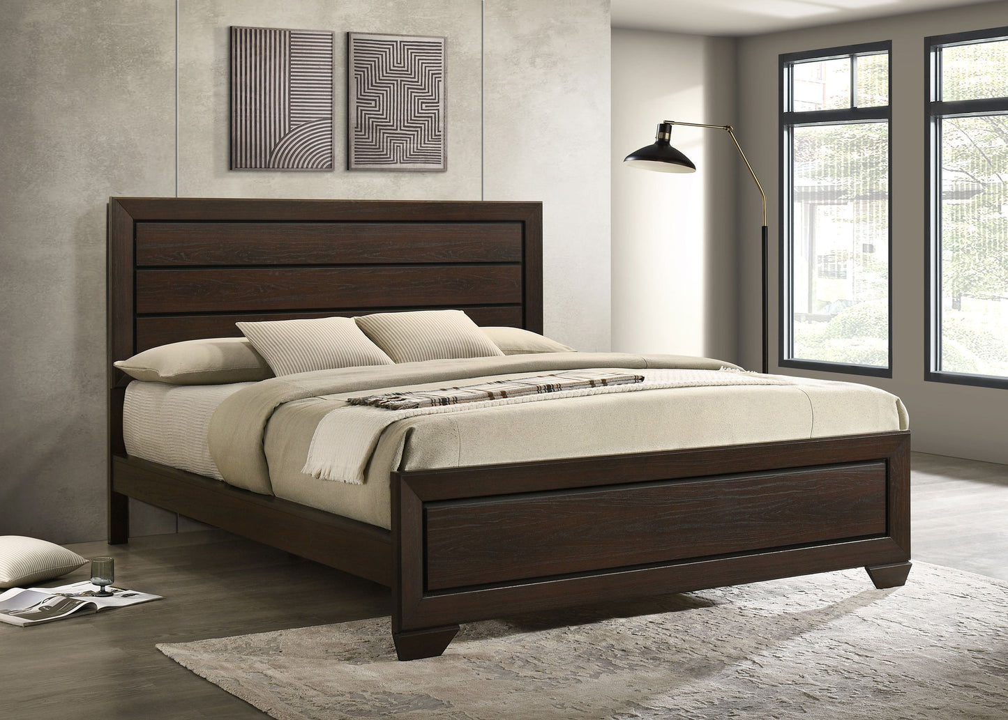 Cama con paneles de madera Kauffman color cacao oscuro