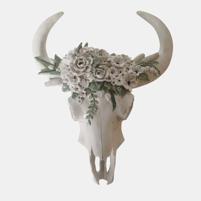 13" Bull Skull With White Flowers, White