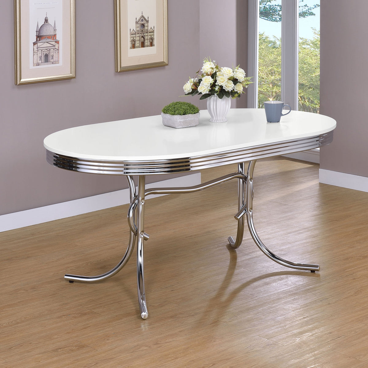 Mesa de comedor retro ovalada de 60 pulgadas con tablero de madera blanco y cromado