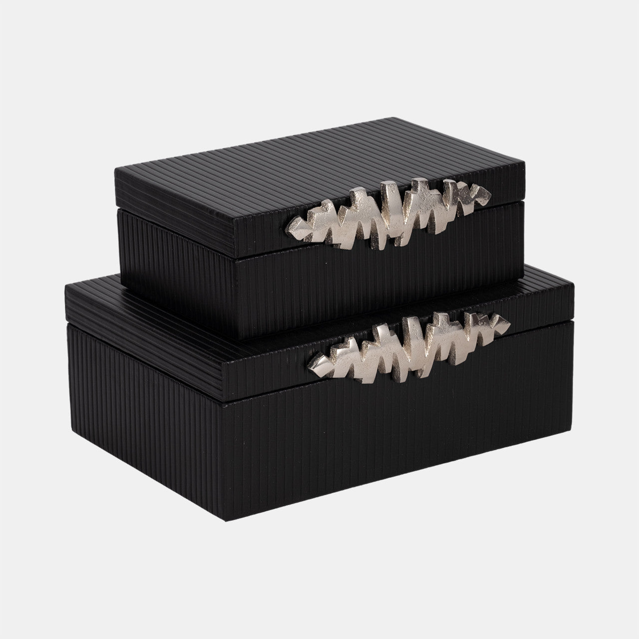 S/2 9/11" Boxes With Lines & Silver Handle, Black