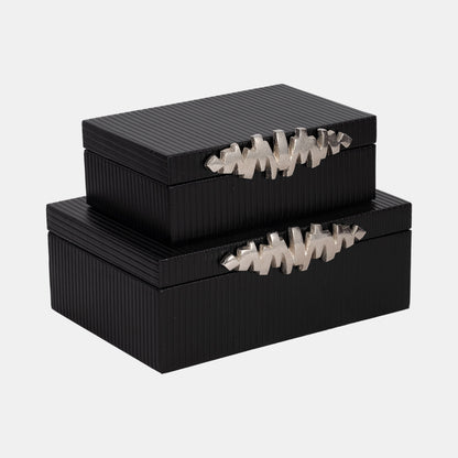 S/2 9/11" Boxes With Lines & Silver Handle, Black