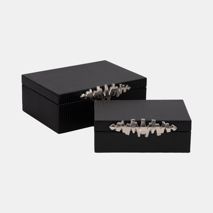 S/2 9/11" Boxes With Lines & Silver Handle, Black