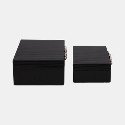S/2 9/11" Boxes With Lines & Silver Handle, Black