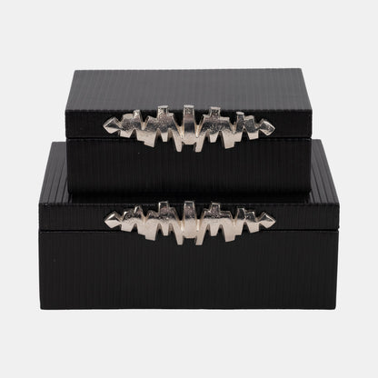 S/2 9/11" Boxes With Lines & Silver Handle, Black