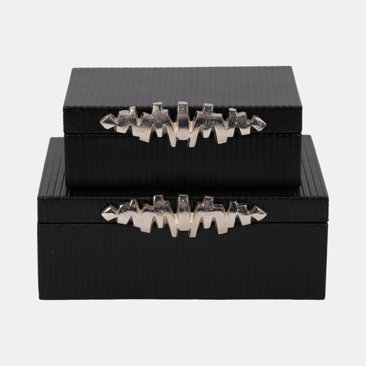 S/2 9/11" Boxes With Lines & Silver Handle, Black