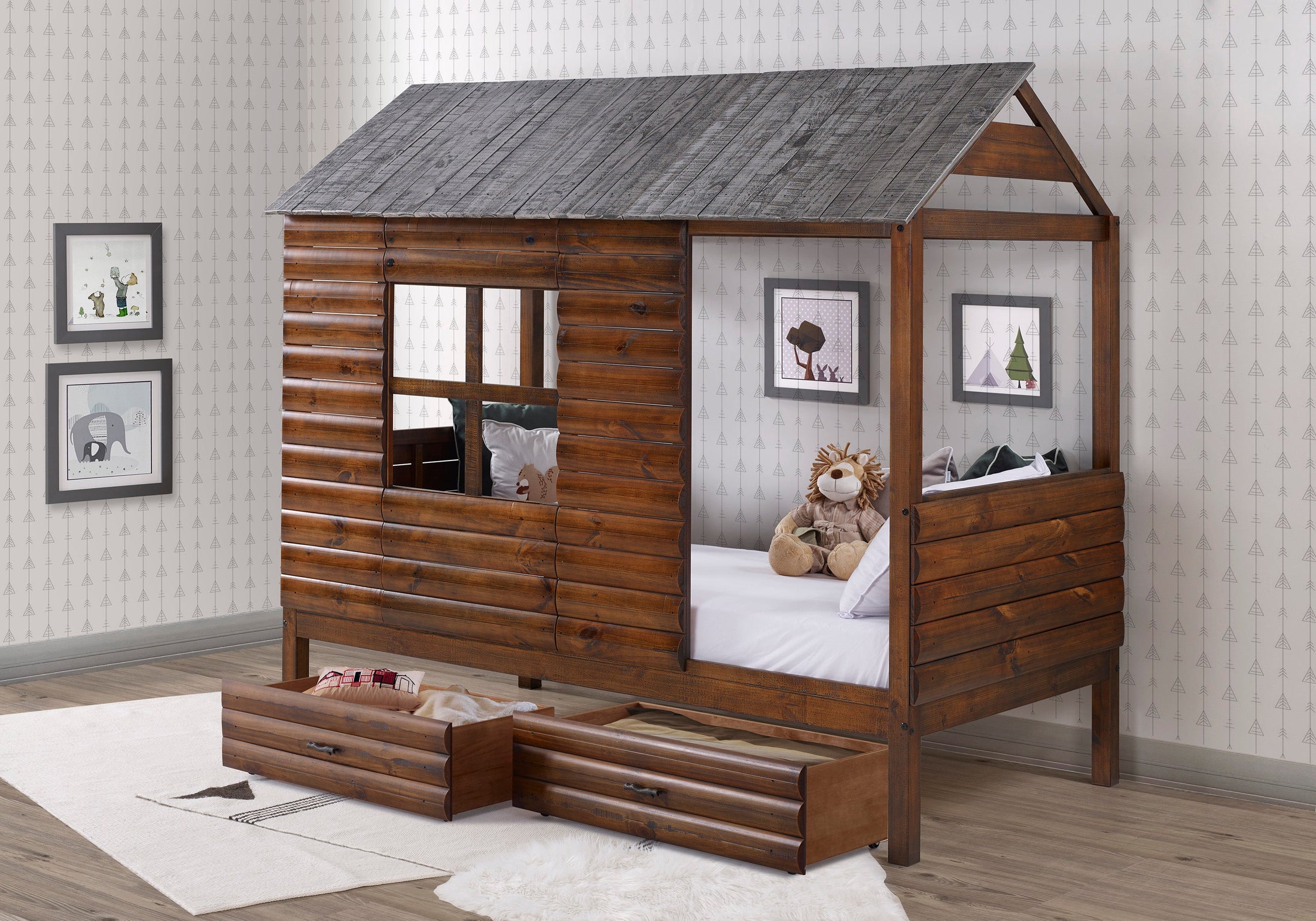 Log Cabin Low Loft with Dual Underbed Drawers