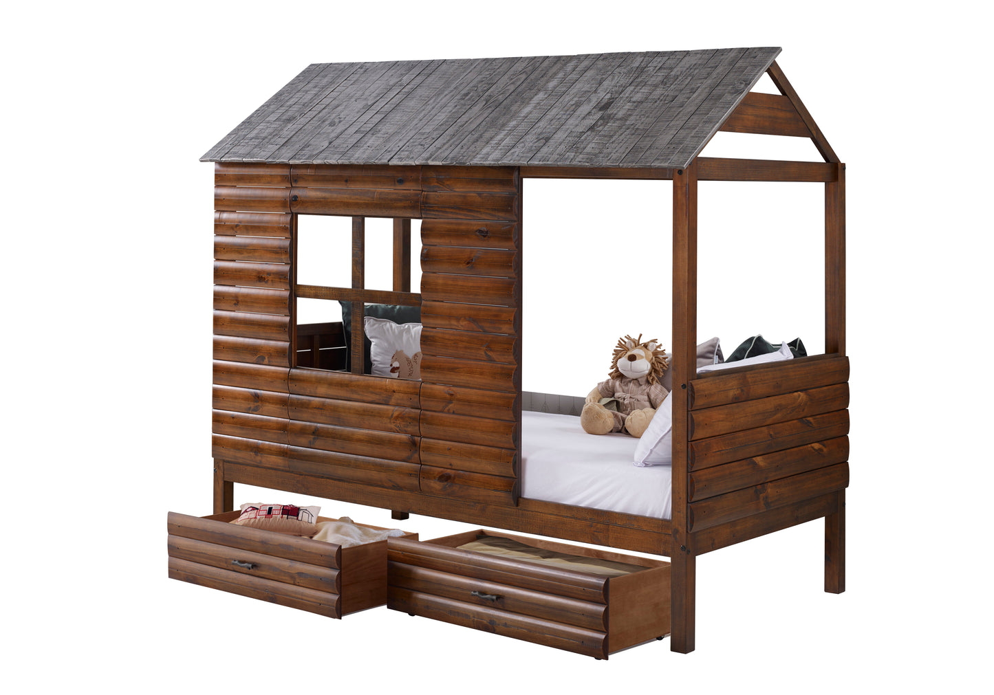 Log Cabin Low Loft with Dual Underbed Drawers