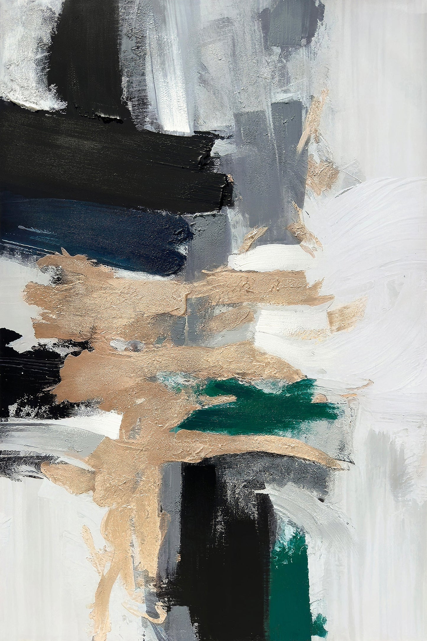 ''Ebony & Emerald Textured Symphony'' Hand-painted Wrapped Canvas
