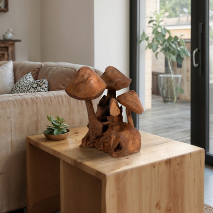 12" Teak Wood Mushroom Cluster, Natural