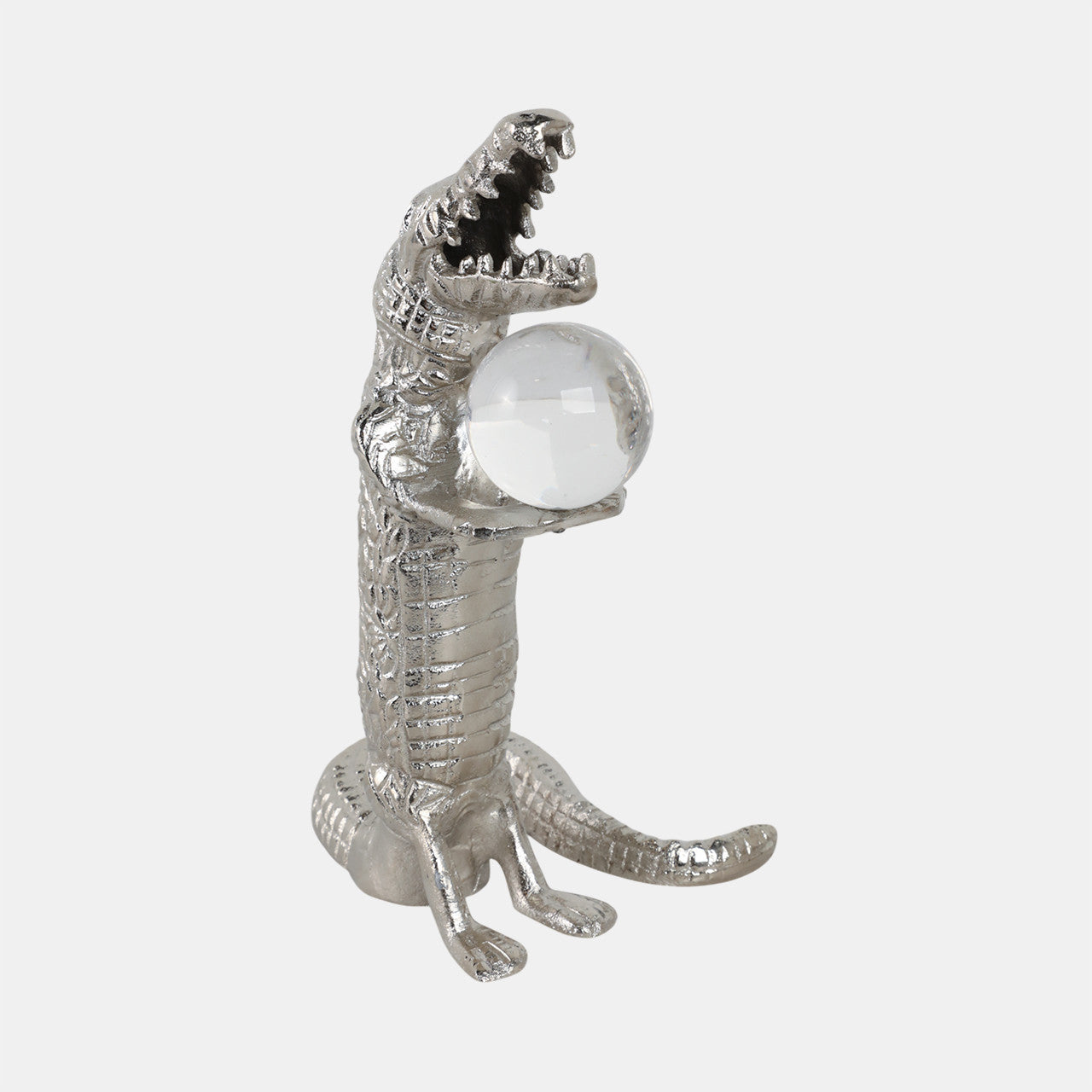 10x7" Crocodile Holding Acrylic Ball, Silver