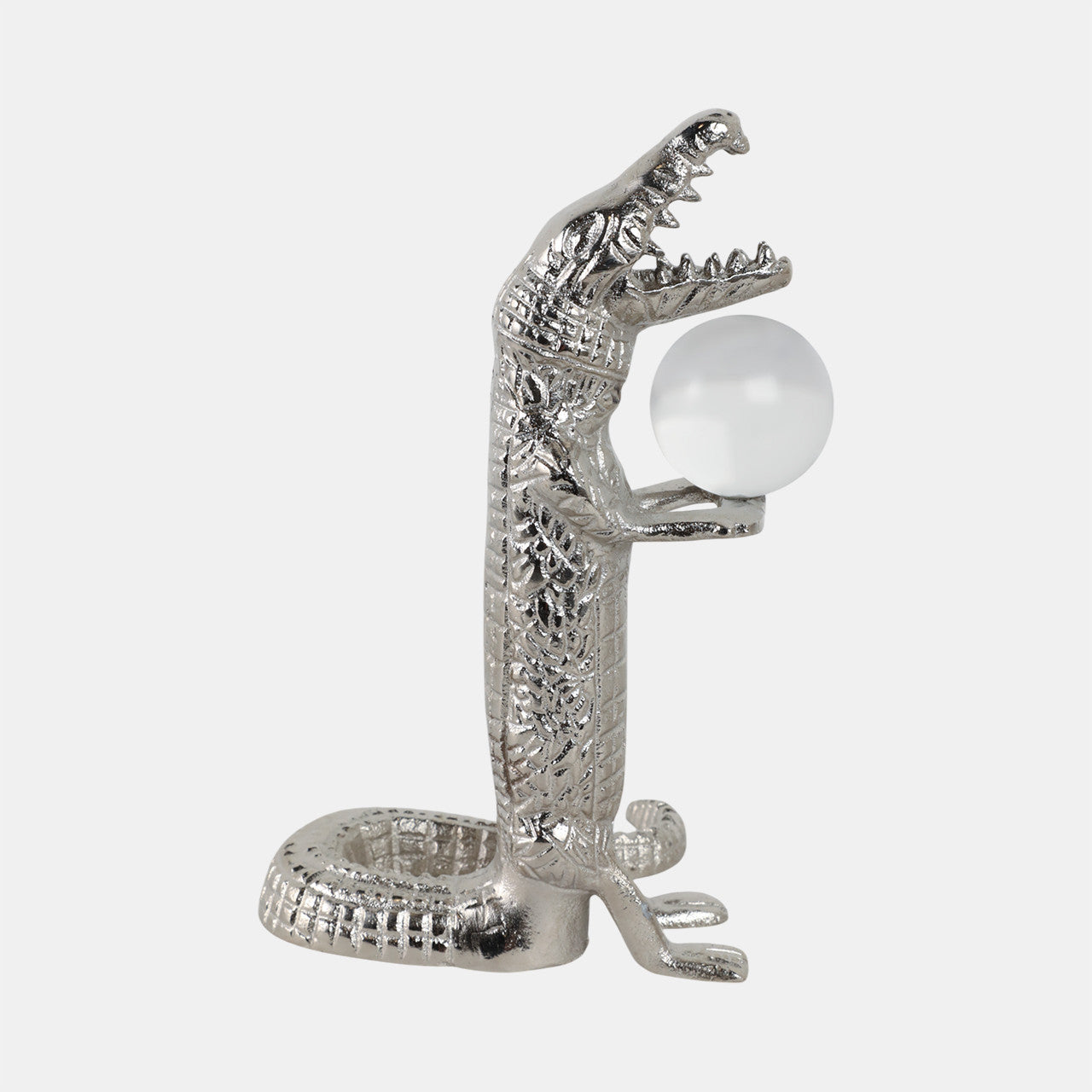 10x7" Crocodile Holding Acrylic Ball, Silver