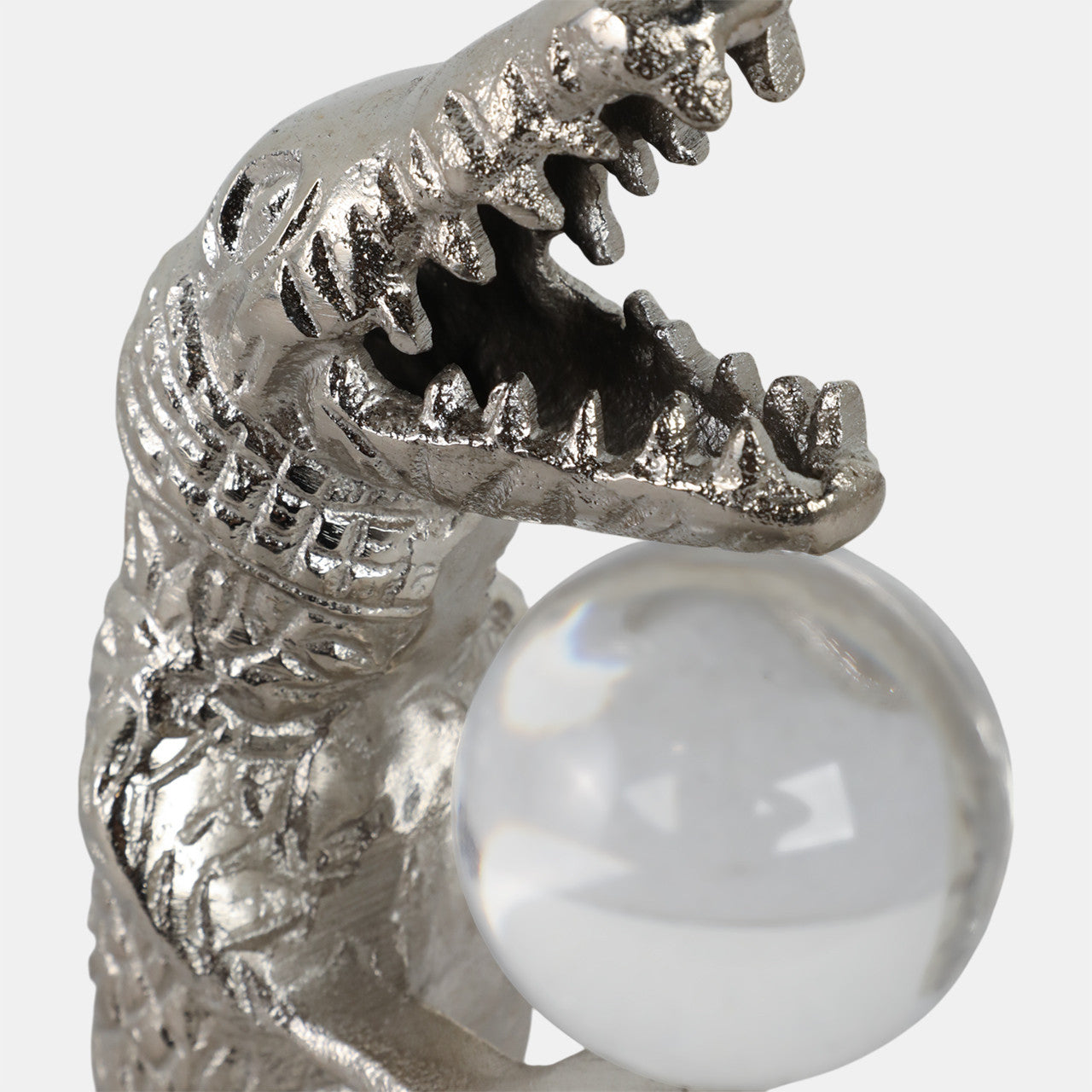 10x7" Crocodile Holding Acrylic Ball, Silver