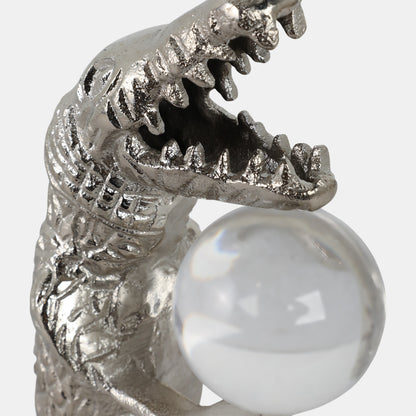 10x7" Crocodile Holding Acrylic Ball, Silver
