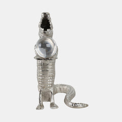 10x7" Crocodile Holding Acrylic Ball in Silver