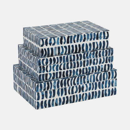 Set of 3 Inlay Storage Boxes in Blue & White