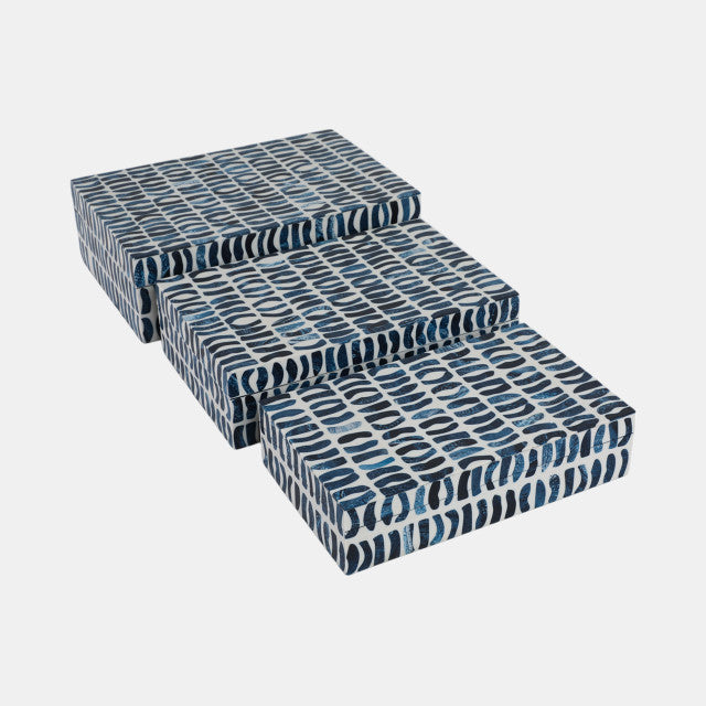Set of 3 Inlay Storage Boxes in Blue & White