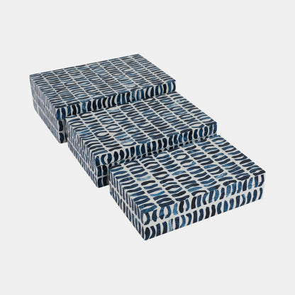 Set of 3 Inlay Storage Boxes in Blue & White