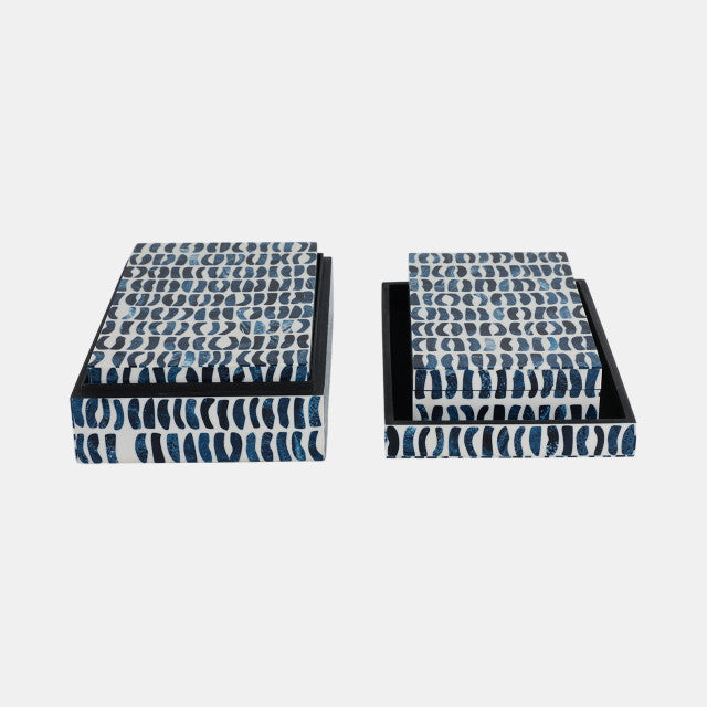 Set of 3 Inlay Storage Boxes in Blue & White
