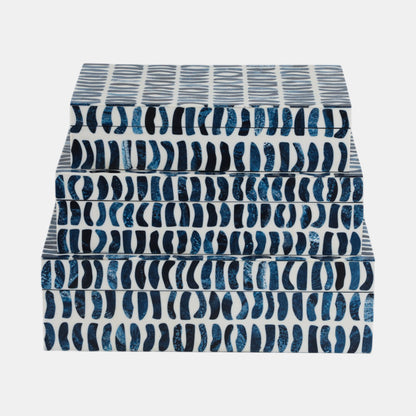 Set of 3 Inlay Storage Boxes in Blue & White