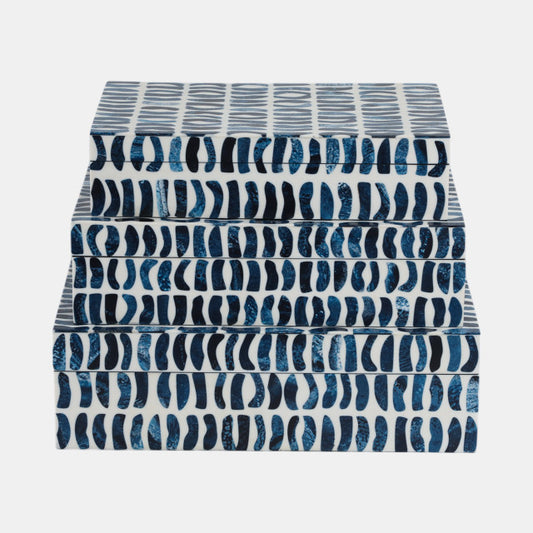 Set of 3 Inlay Storage Boxes in Blue & White