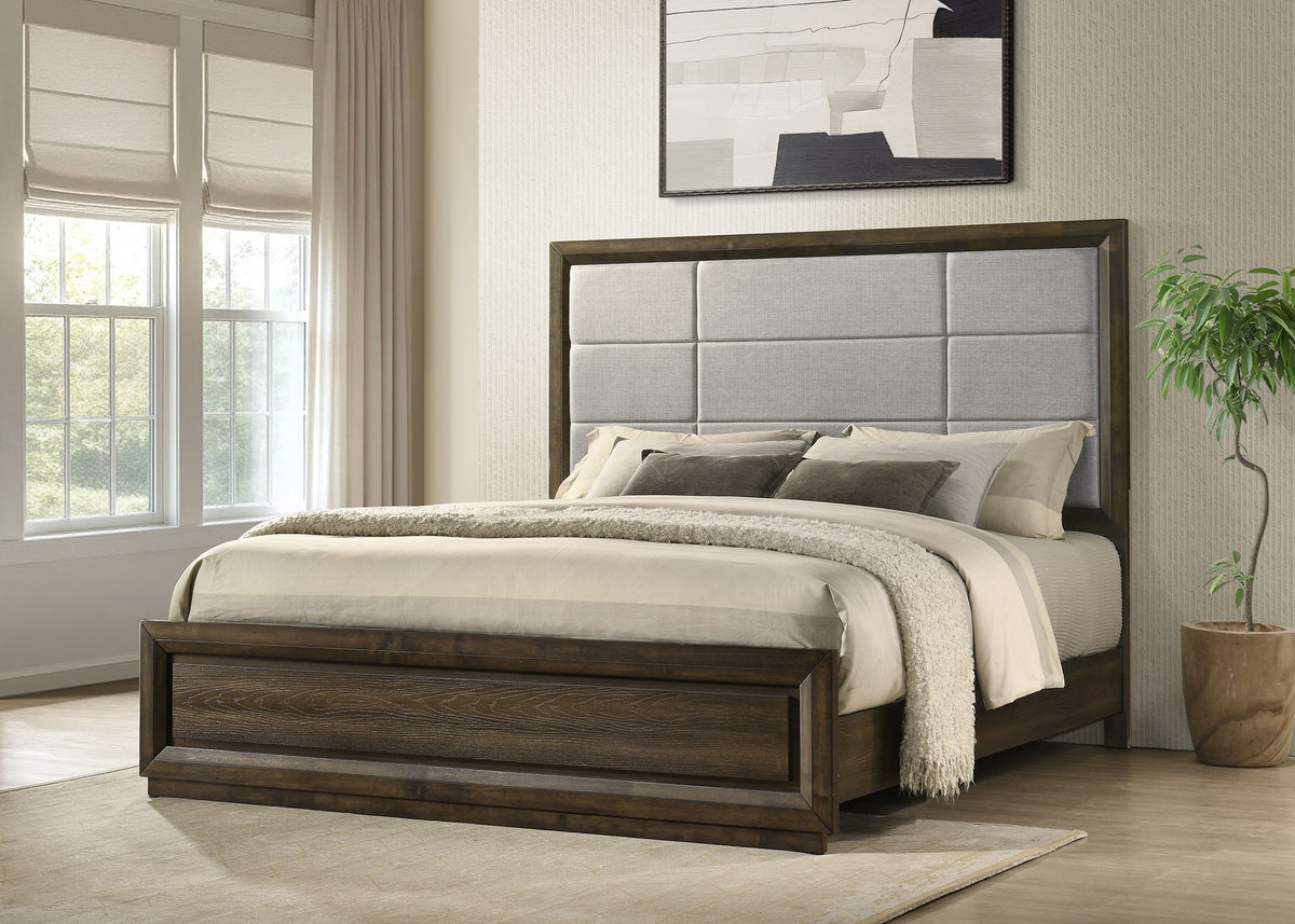 Atlas 63-inch Eastern King Upholstered Panel Bed Grey and Dark Oak