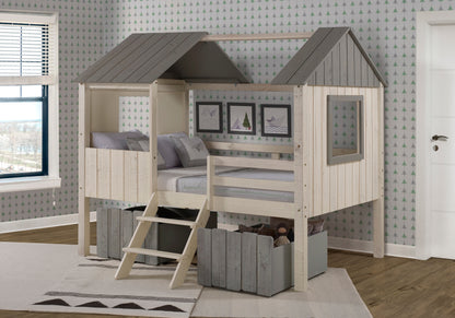 House & Grey Low Loft Bed with Dual Rustic Grey Drawers