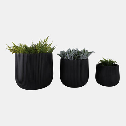 S/3 11/14/18" Ribbed Resin Planters, Black
