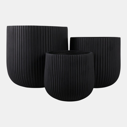 S/3 11/14/18" Ribbed Resin Planters, Black