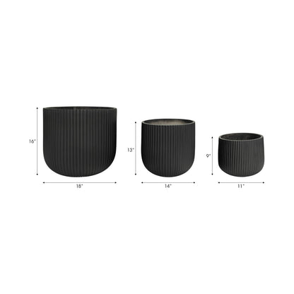 S/3 11/14/18" Ribbed Resin Planters, Black