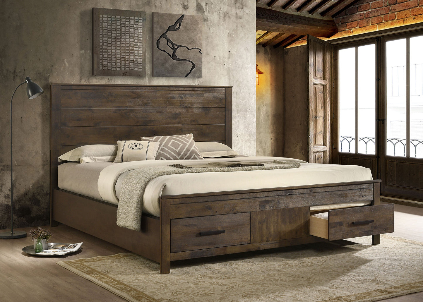 Cama con almacenaje Woodmont rústica marrón dorado