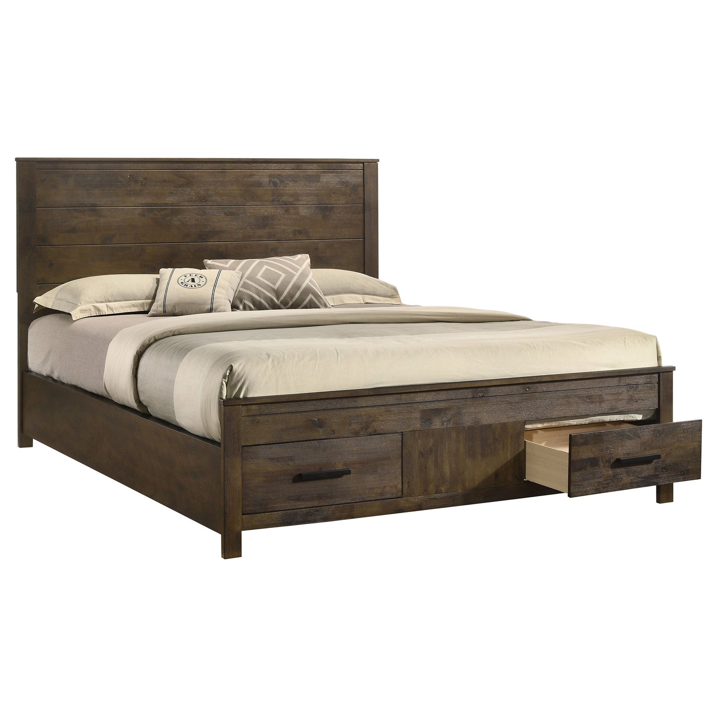 Cama con almacenaje Woodmont rústica marrón dorado