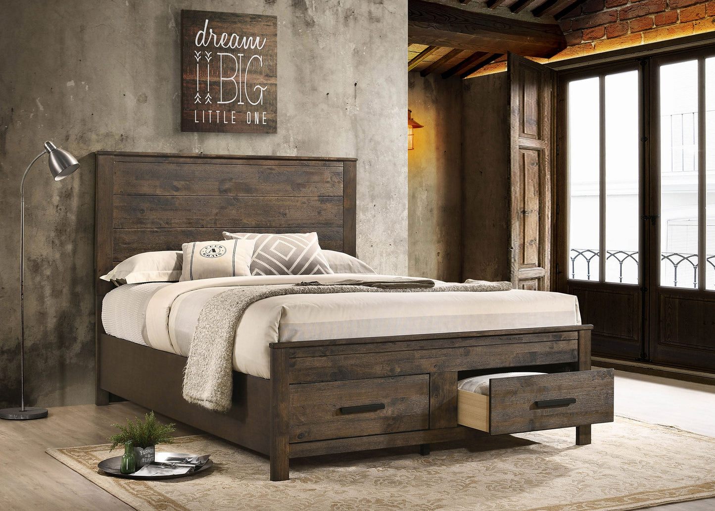Cama con almacenaje Woodmont rústica marrón dorado