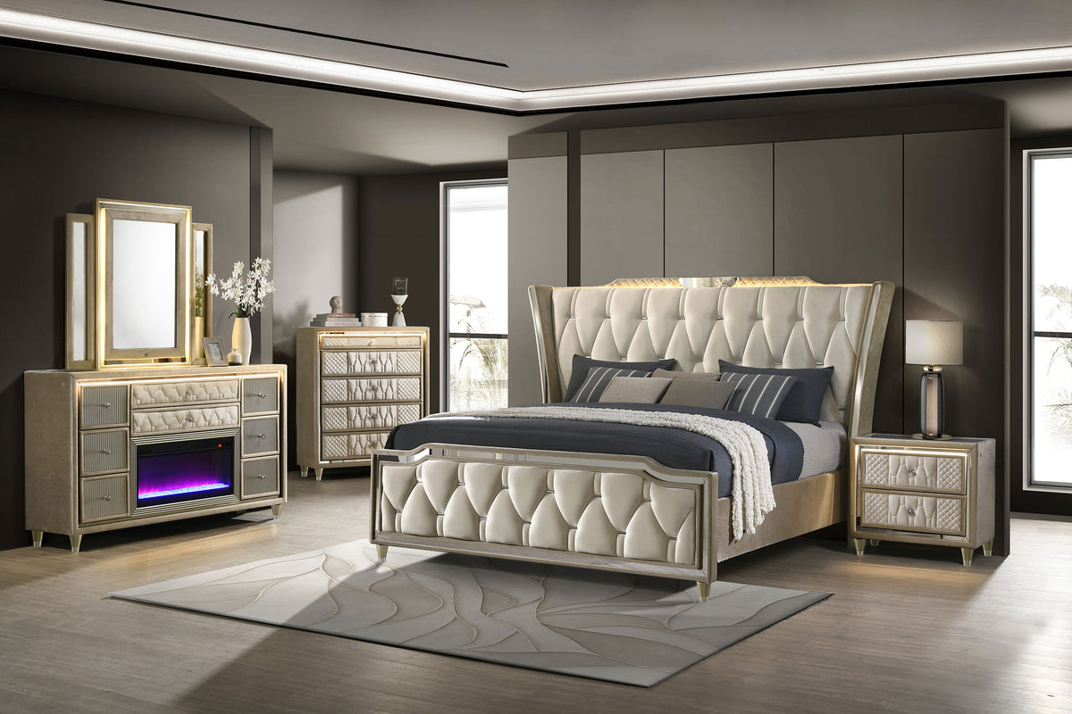 Lorient 4-piece Eastern King Bedroom Set Ivory and Camel