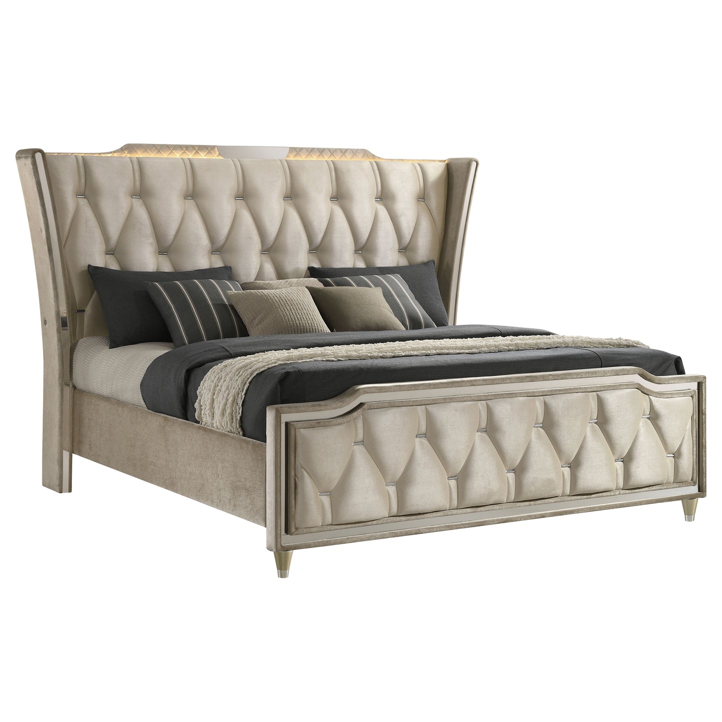 Lorient LED Upholstered Wingback Bed Ivory and Camel
