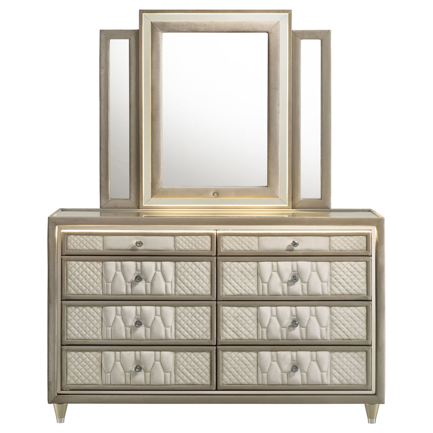 Lorient 8-drawer LED Dresser with Mirror Ivory and Camel